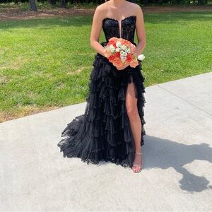 Sherri Hill Black Strapless Ruffled Gown